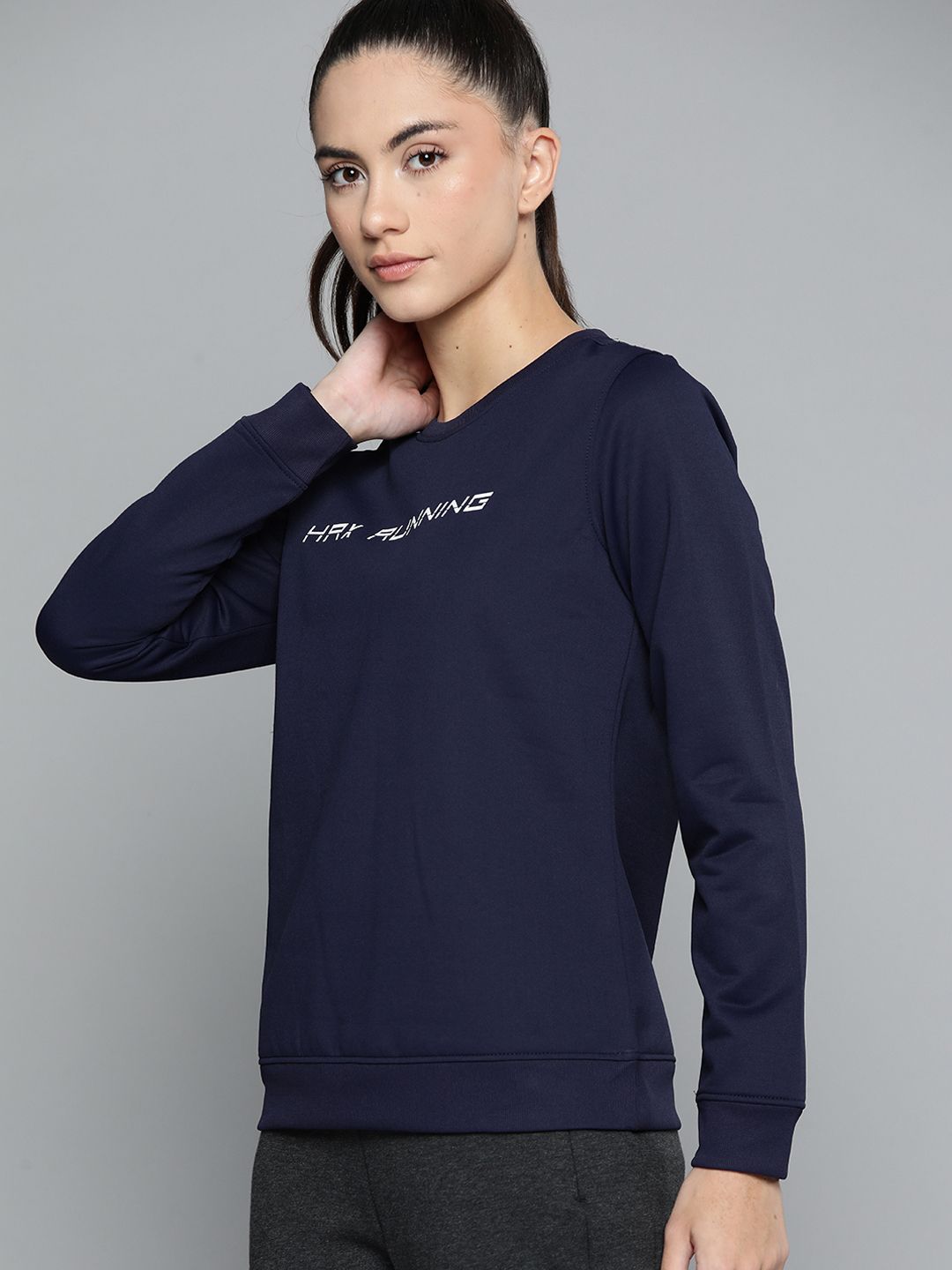 HRX by Hrithik Roshan Women Navy Blue Printed Anti-microbial Finish Running Sweatshirt