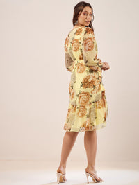 Antheaa Yellow Floral Printed Puff Sleeves Gathered Ruched Chiffon Wrap Dress