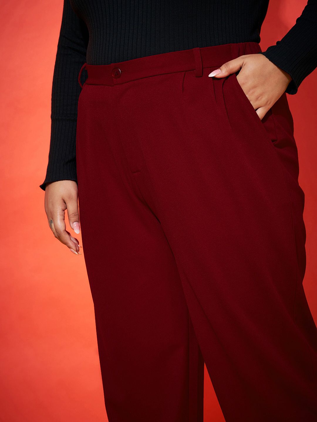 SASSAFRAS Curve Women Maroon Smart Mom Fit Parallel Trousers