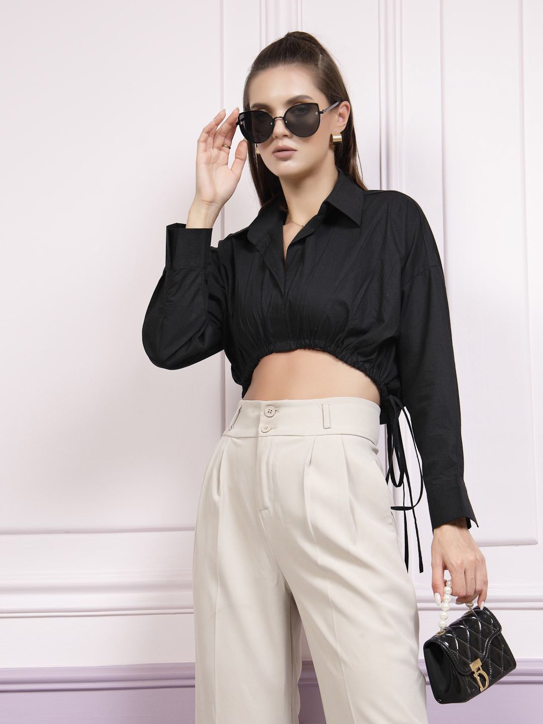 Athena Black Cotton Shirt Style Crop Top