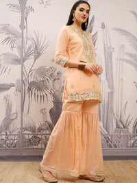 Vishudh Peach Coloured Floral Embroidered Pure Cotton Straight Kurta & Sharara & Dupatta