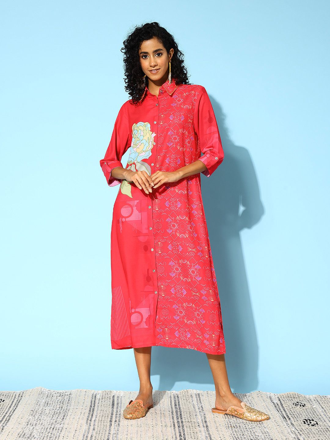Indo Era Floral Print Shirt Midi Dress