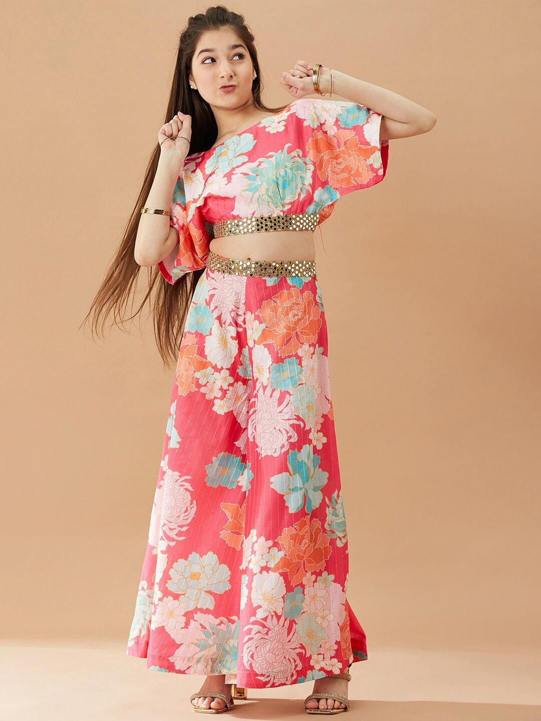 pspeaches Girls Floral Printed Pure Cotton Top with Palazzos