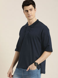 DILLINGER Men Solid Honeycomb Structure Oversized Cotton Polo T-Shirt