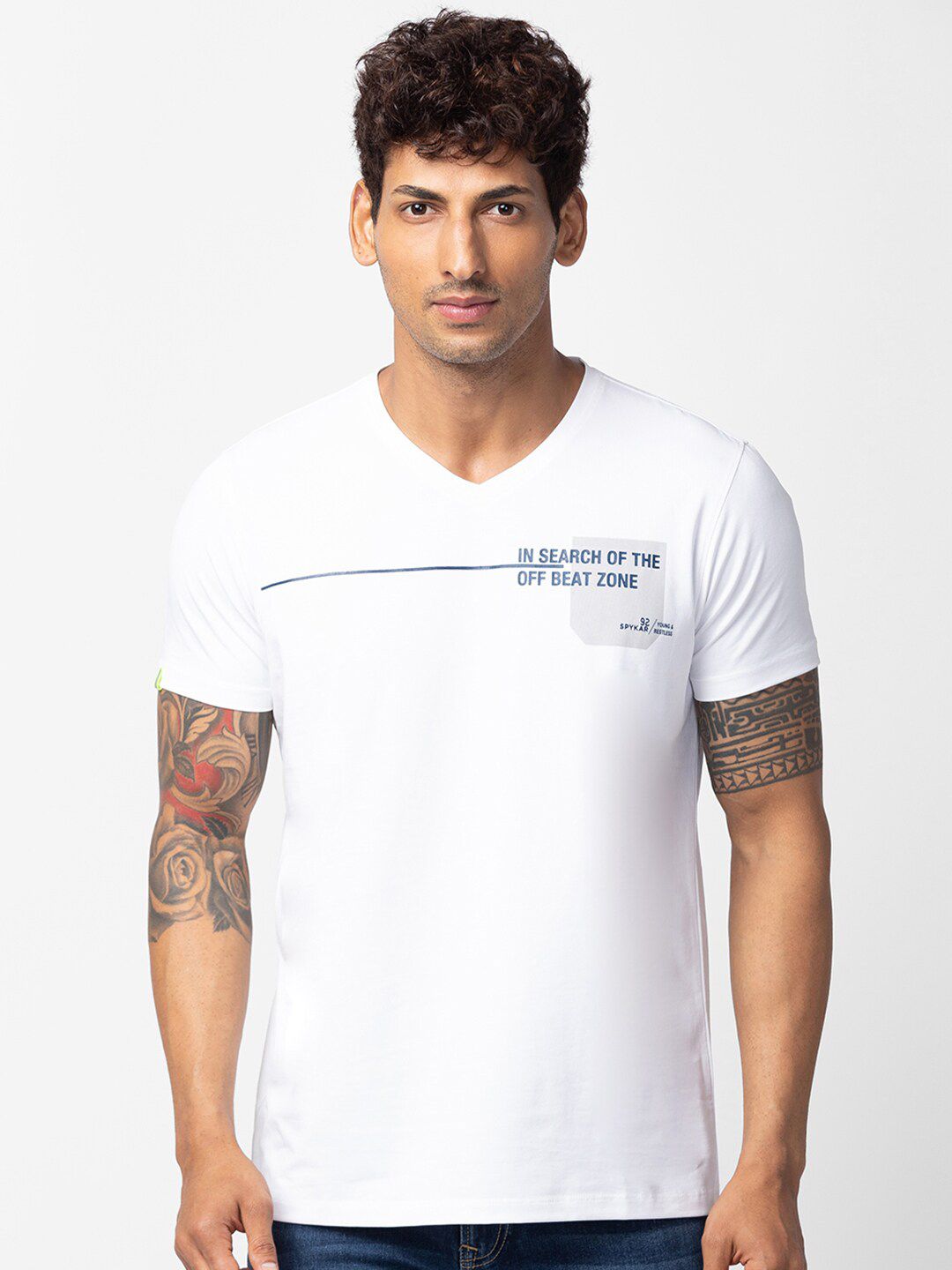 SPYKAR Men Typography V-Neck Cotton T-shirt