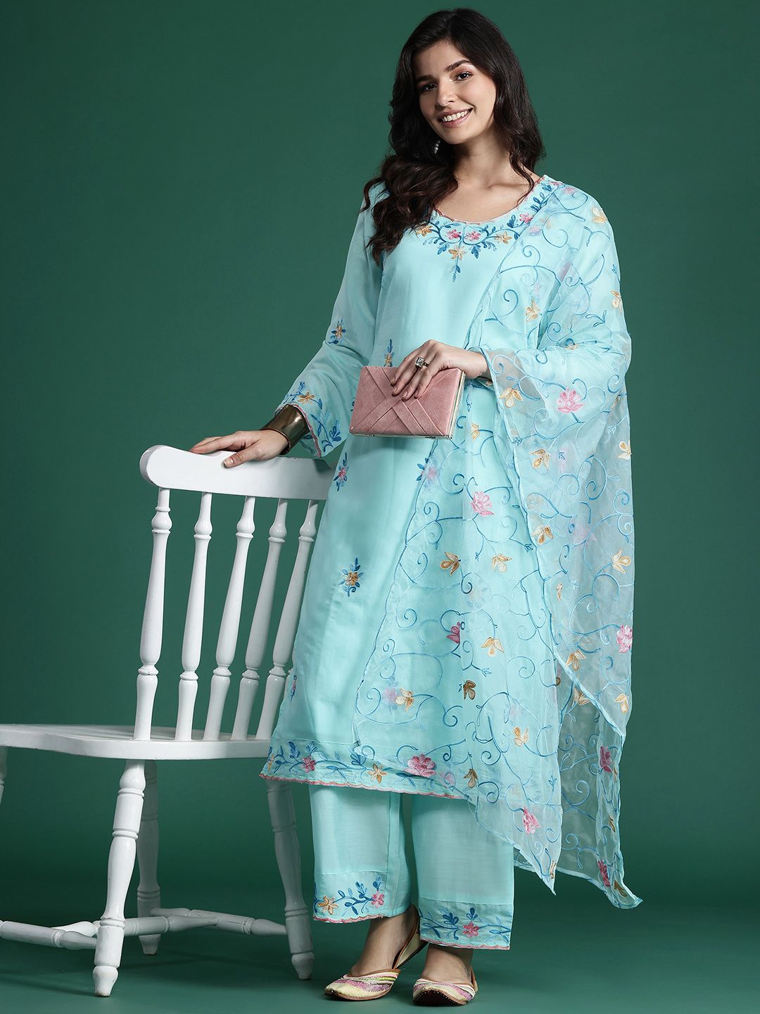 Indo Era Floral Embroidered Thread Work Kurta with Trousers & With Dupatta