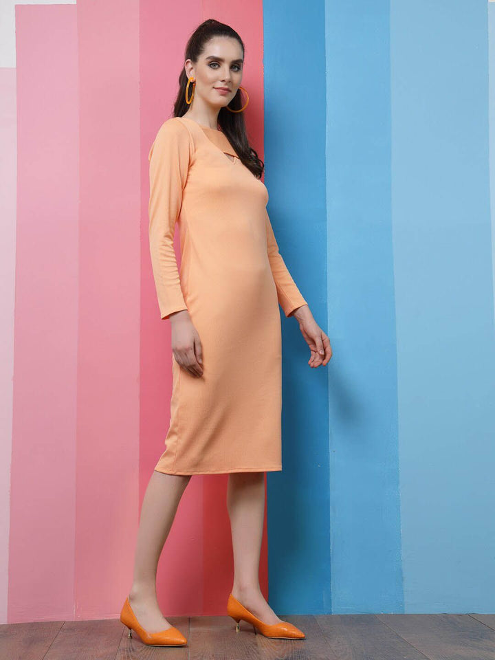 Athena Peach-Coloured Round Neck Cut-Outs Detail Knitted Sheath Dress