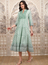 Vishudh Green Floral Printed Mandarin Collar Embroidered Tiered Fit & Flare Ethnic Dress
