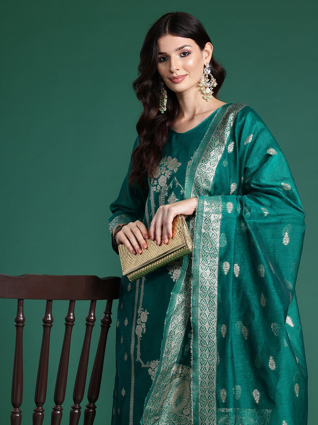 Indo Era Ethnic Motifs Woven Design Zari Kurta With Trousers & Dupatta