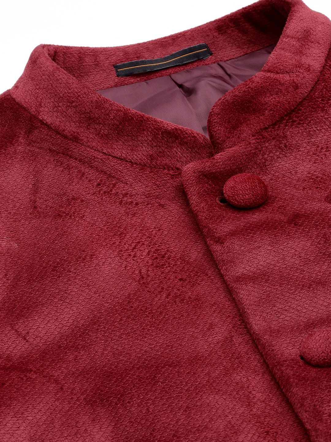 House of Pataudi Self Design Velvet Finish Mandarin Collar Bandhgala Jashn Blazer