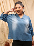 CURVY STREET Plus Size Mandarin Collar Puff Sleeves Pure Cotton Denim Top