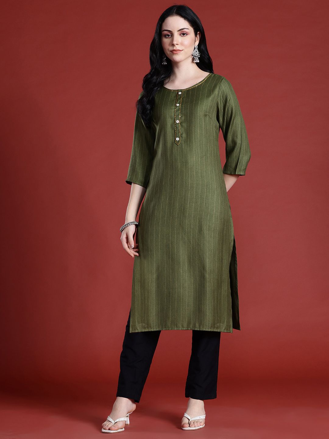Anouk Striped Sequined Straight Kurta