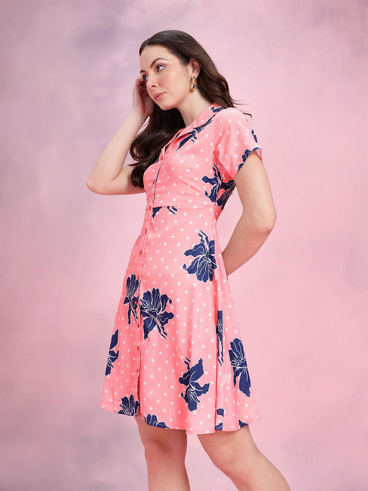 DressBerry Floral Print Notched Lapel Collar Shirt-Style Dress