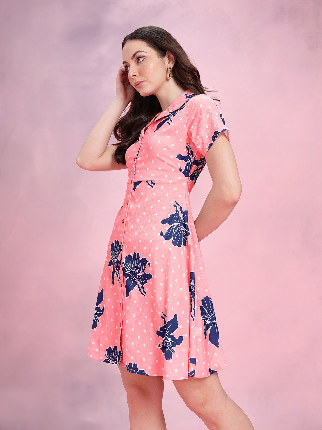 DressBerry Floral Print Notched Lapel Collar Shirt-Style Dress