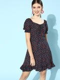 Berrylush Women Deep Navy Blue Floral Puff Sleeves Dress