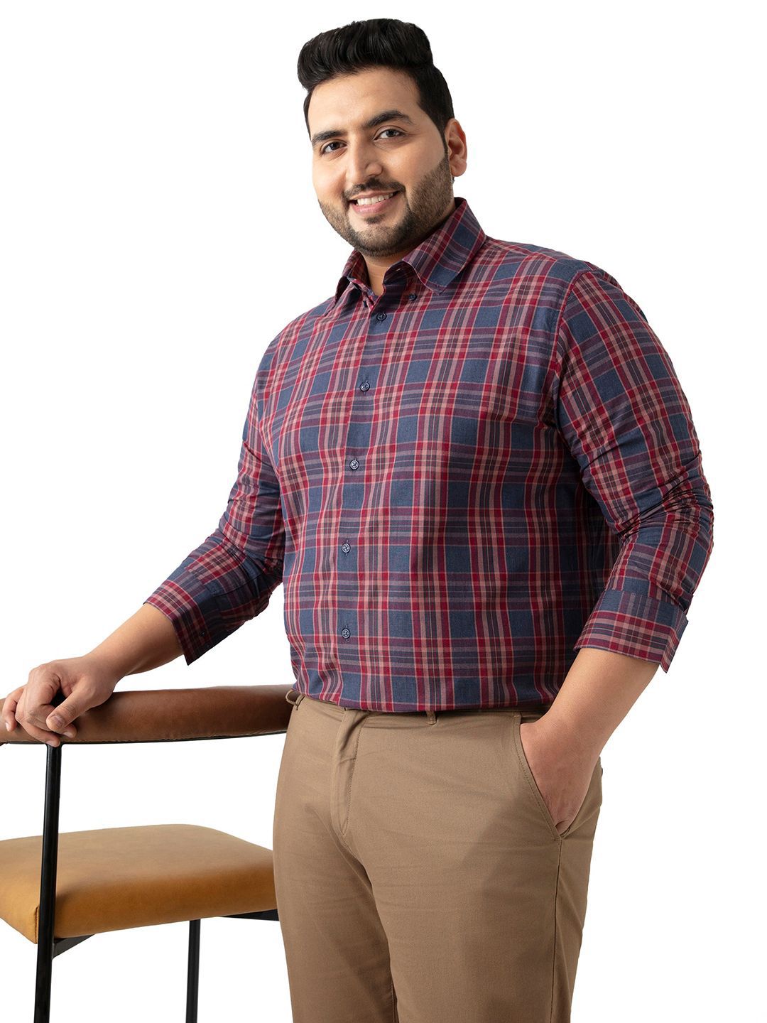 RARE RABBIT Men Comfort Fit Spread Collar Tartan Checked Cotton Formal Shirt