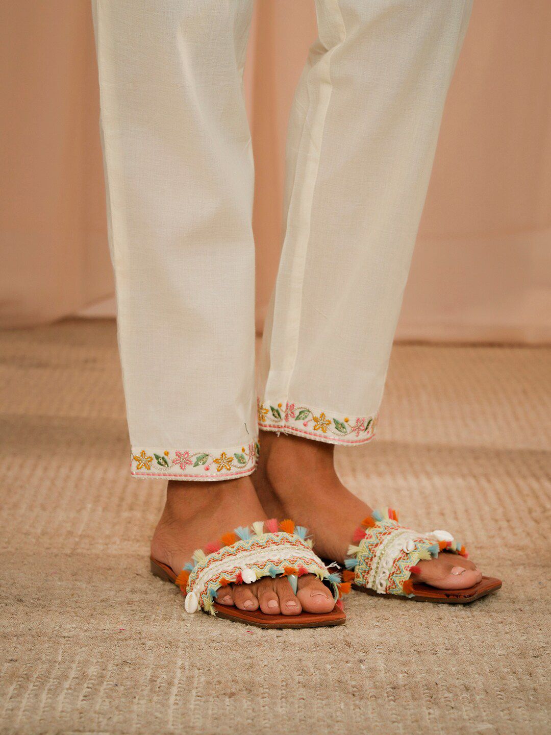 Libas Floral Embroidered Regular Thread Work Pure Cotton Kurta With Trousers & Dupatta