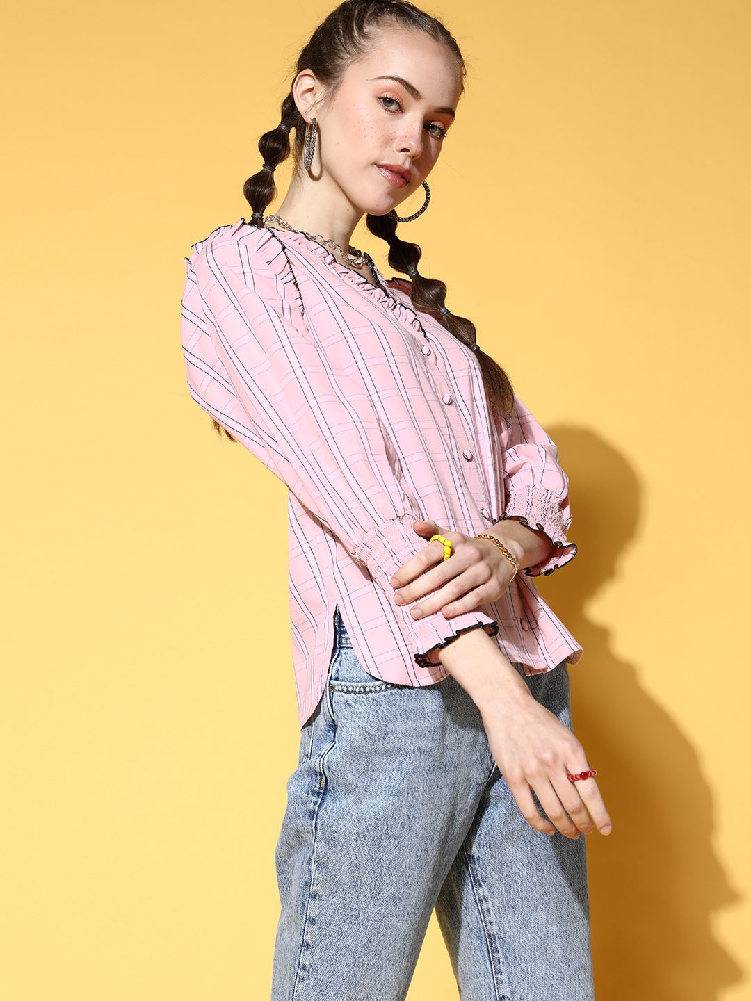 Antheaa Women Pure Cotton Pretty Pink Checked Summer Gingham Top