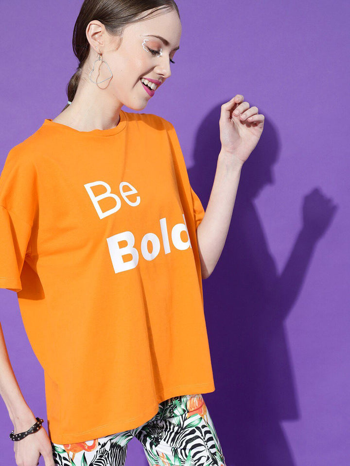 STREET 9 Women Orange Printed Oversized Pure Cotton Outdoor T-shirt