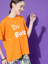STREET 9 Women Orange Printed Oversized Pure Cotton Outdoor T-shirt