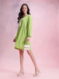 DressBerry Plisse Effect Bow-Detail V-Neck Extended Sleeves A-Line Dress