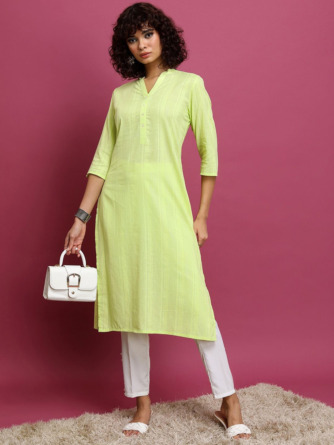 Vishudh Lime Green Striped Mandarin Collar Pure Cotton Kurta