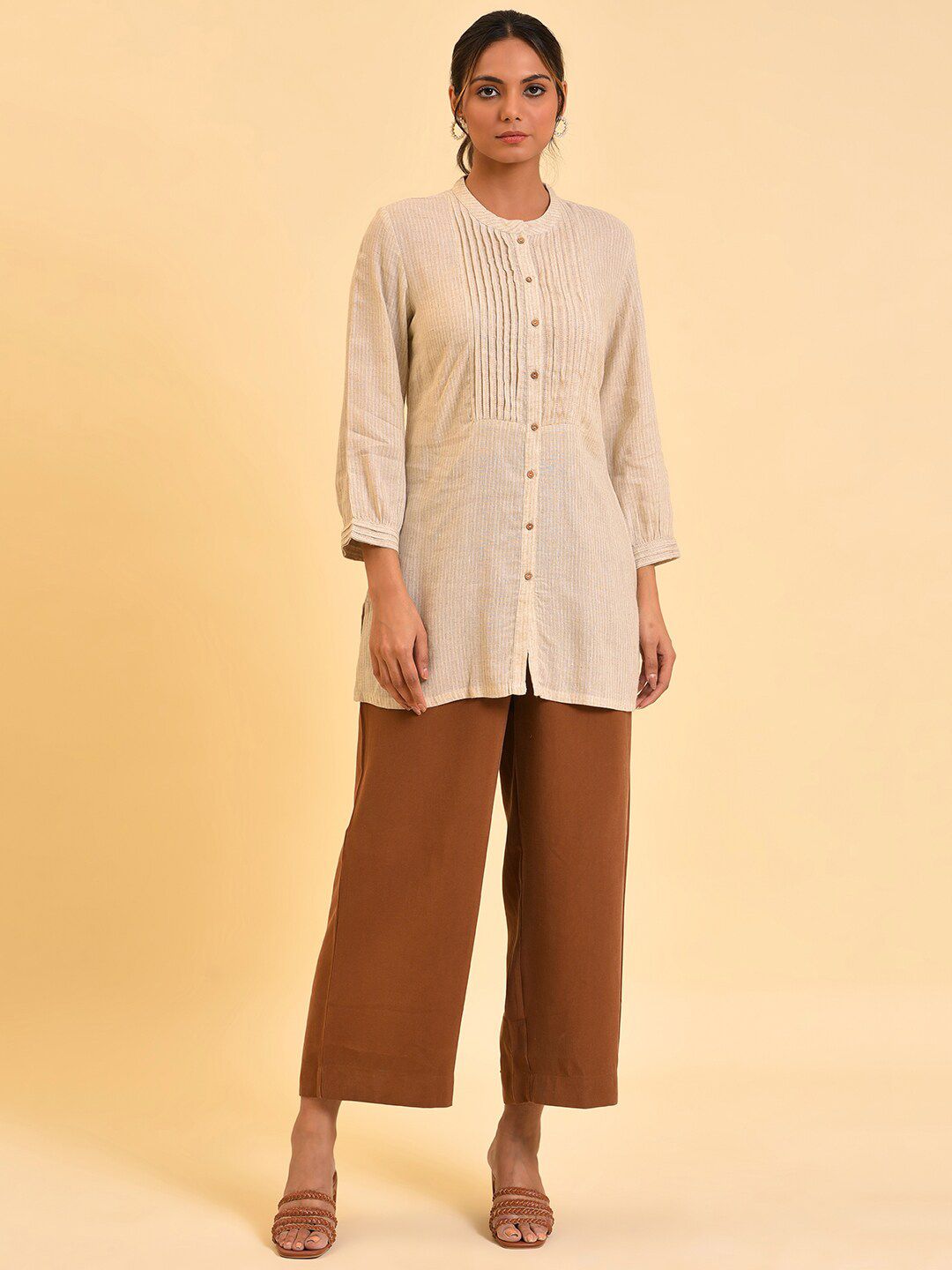 W Beige Mandarin Collar Shirt Style Top