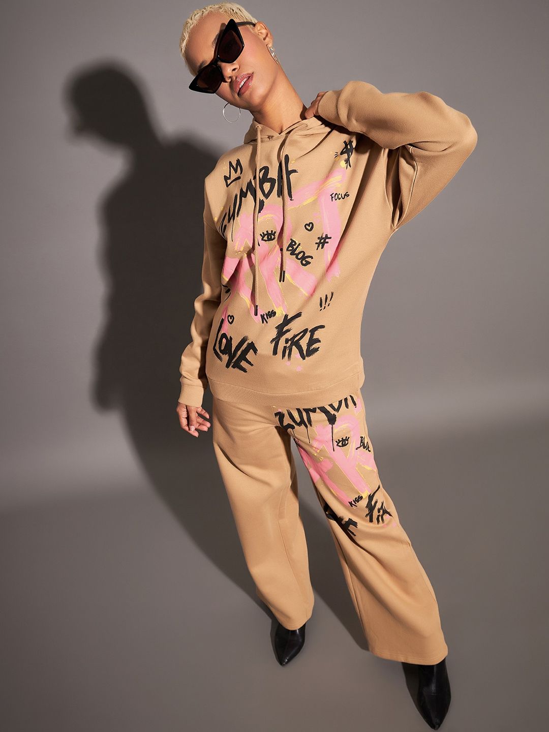 SASSAFRAS Women Beige Relaxed Fit Mid-Rise Typography Printed Fleece Track Pants