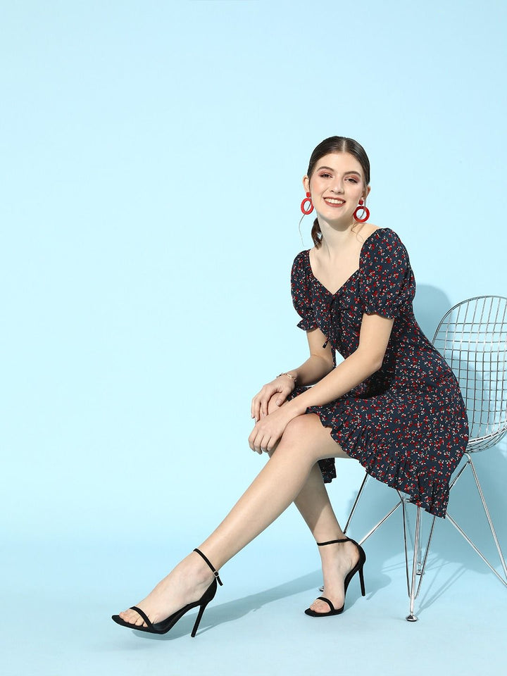 Berrylush Women Deep Navy Blue Floral Puff Sleeves Dress