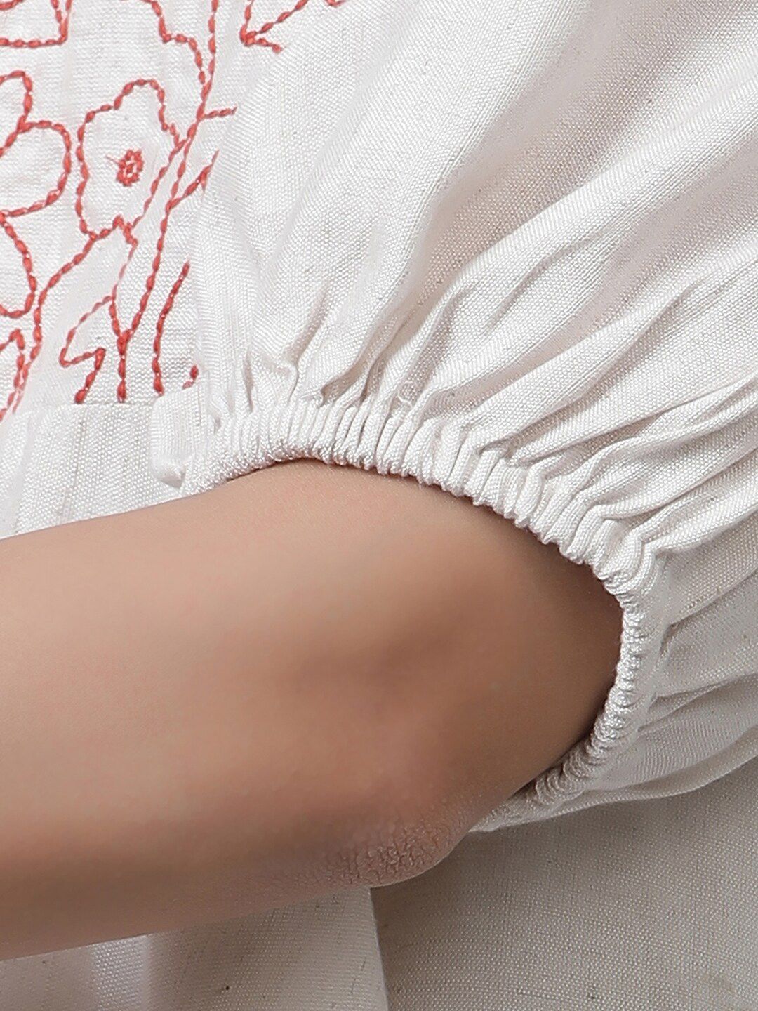 W Embroidered Puffed Sleeves A-Line Top