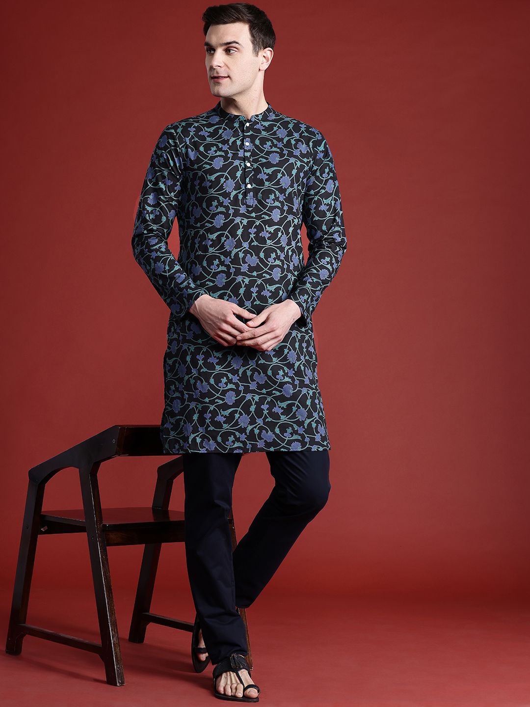 Anouk Men FloralPrinted Mandarin Collar Pure Cotton Kurta