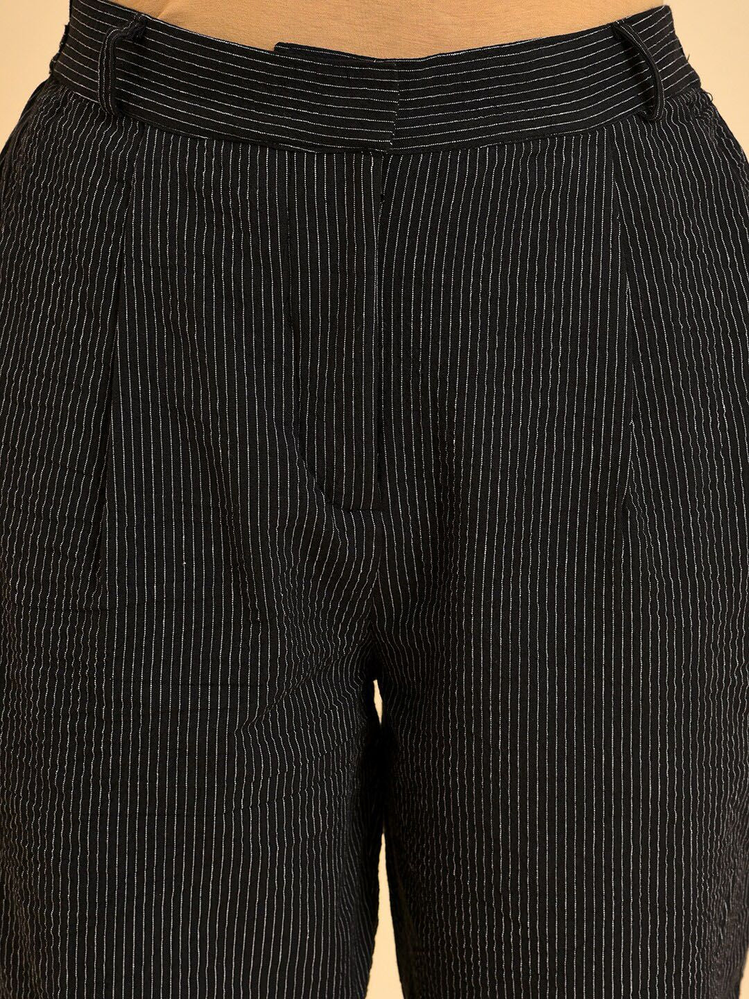 W Women Black Striped Pure Cotton Pleated Trousers