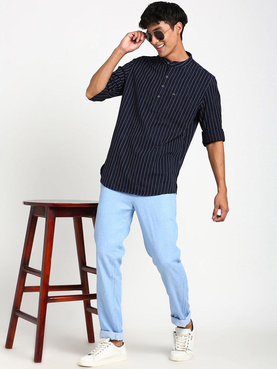 Turtle Striped Mandarin Collar Pure Cotton Kurta