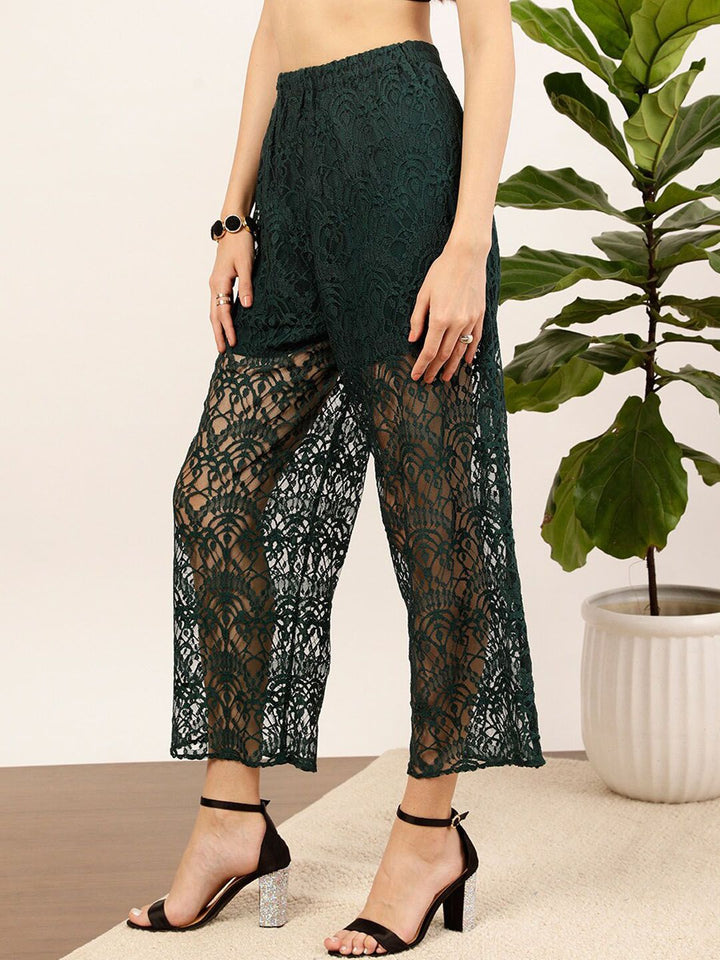 STREET 9 Women Green Floral Printed Relaxed Straight Fit High-Rise Parallel Laced Trousers