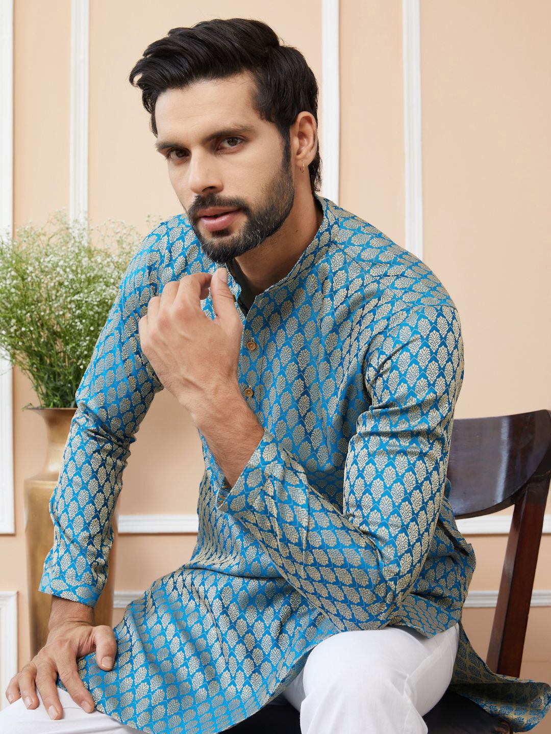 See Designs Ethnic Motifs Woven Design Mandarin Collar Silk Jacquard Straight Kurta
