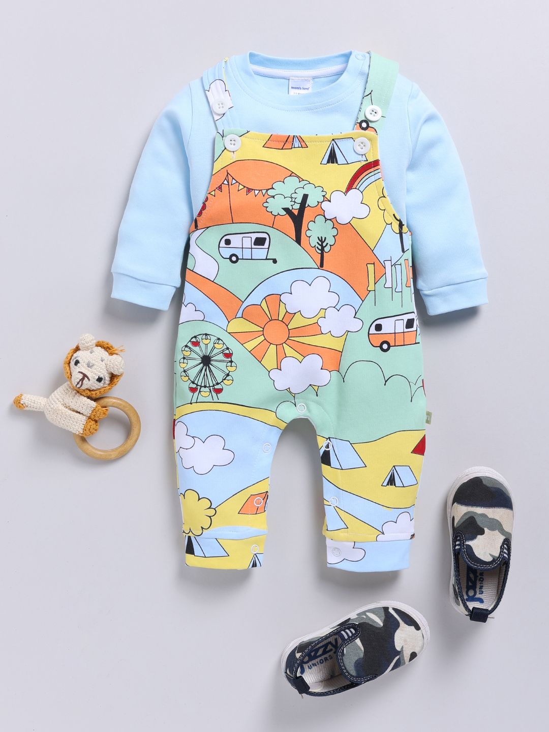 Moms Love Infant Boys Graphic Printed Cotton Dungaree & Sweatshirt