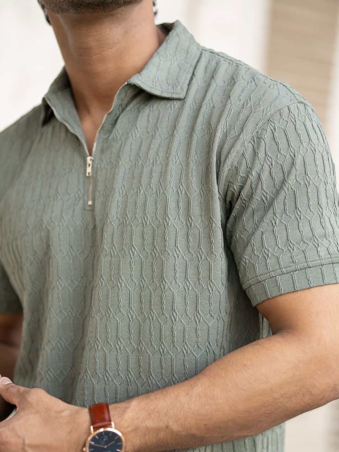 Powerlook Men Self Design Polo Collar Cotton T-shirt