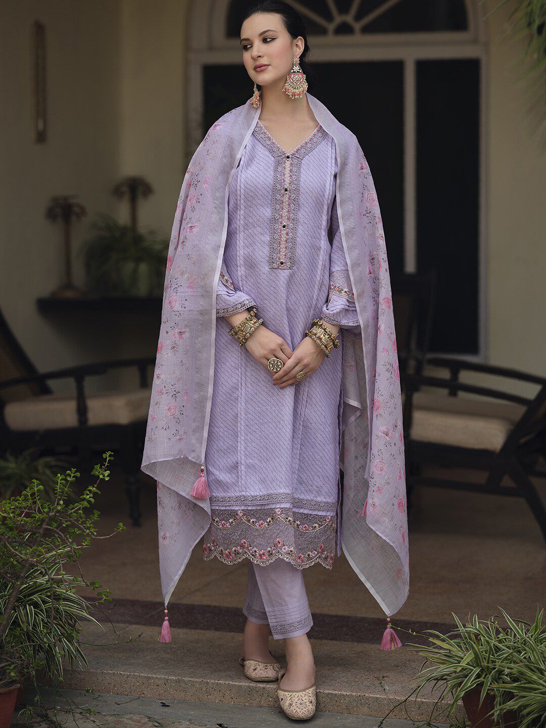 Indo Era Lavender & Pink Floral Embroidered Thread Work Linen Kurta Set