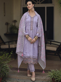 Indo Era Lavender & Pink Floral Embroidered Thread Work Linen Kurta Set