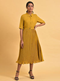 W Shirt Collar A-Line Midi Dress