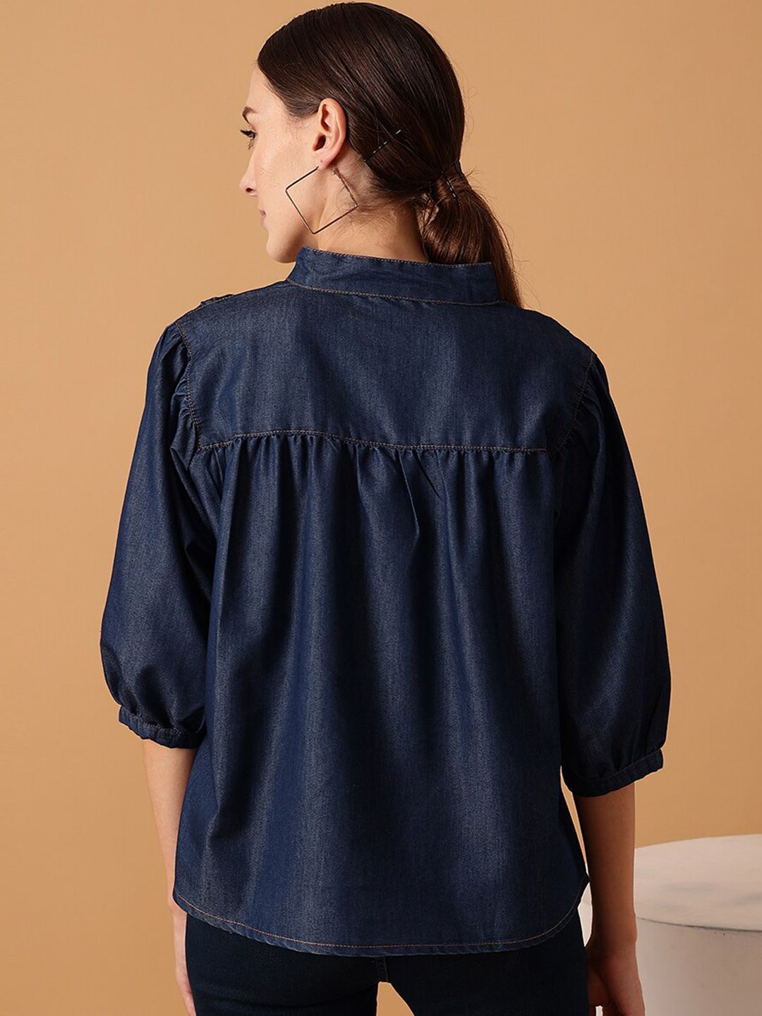 STREET 9 Puff Sleeved Cotton Chambray Top