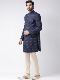 KISAH Men Navy Blue & Cream-Coloured Abstract Printed Indowestern Sherwani Set