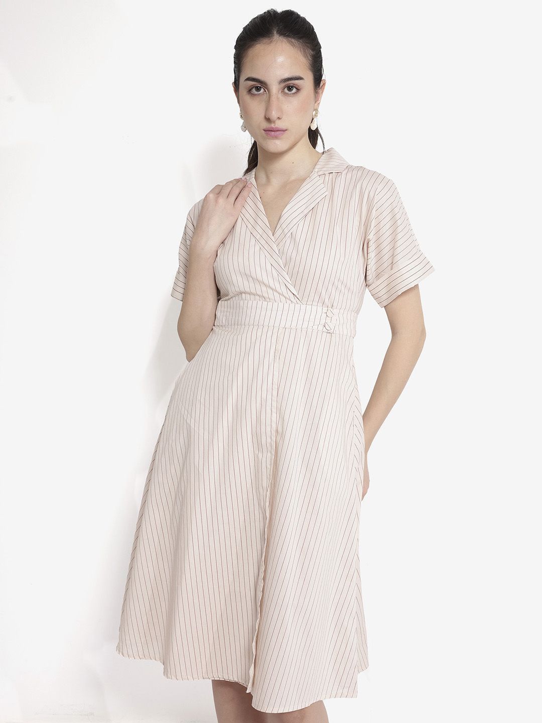 RAREISM Striped Shirt Collar Fit & Flare Dress