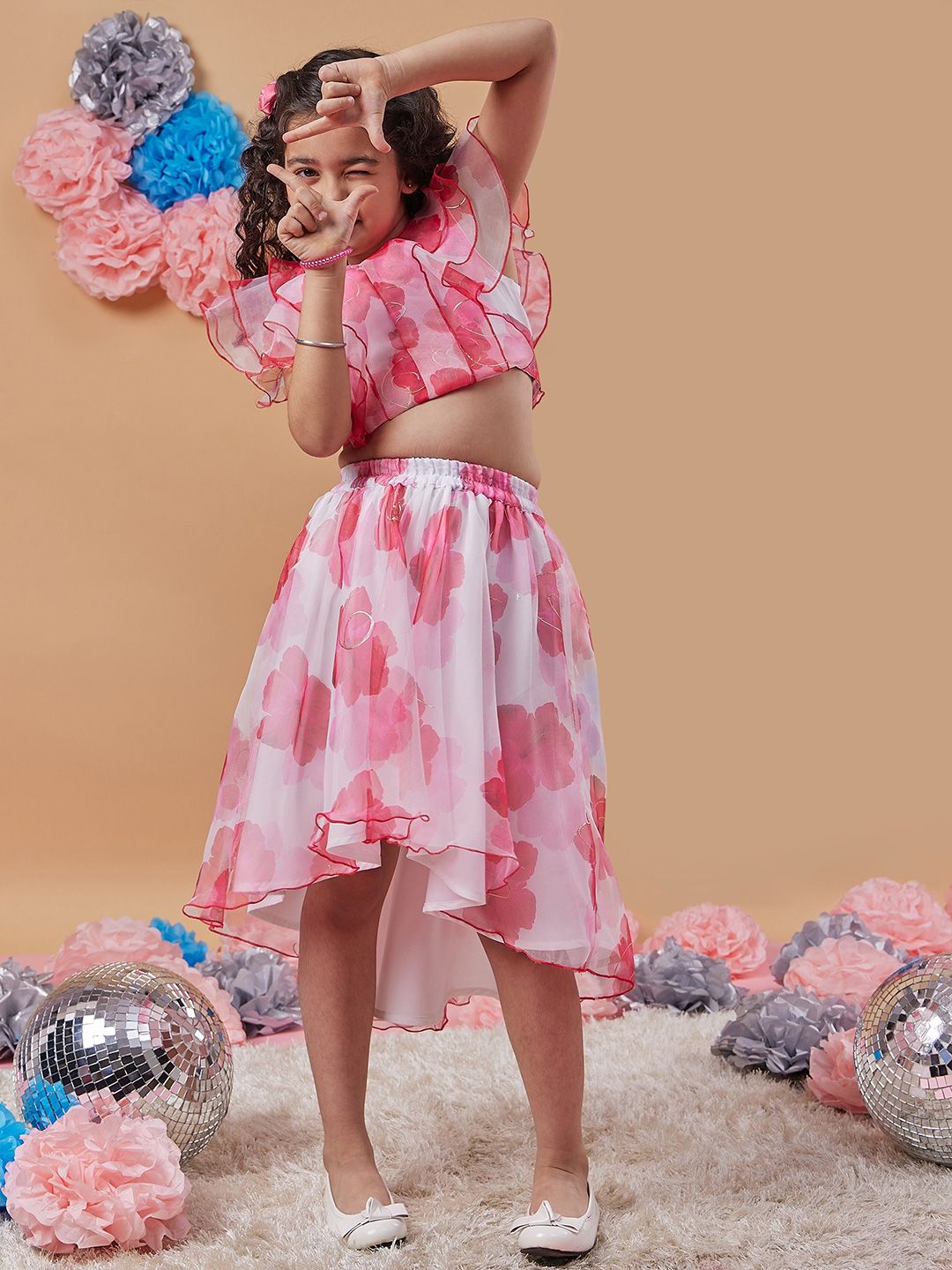 pspeaches Girls Floral Printed Crop Top With Skirt