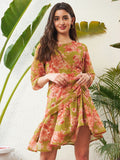 SASSAFRAS Green Floral Printed Puff Sleeve Ruched Georgette Sheath Dress