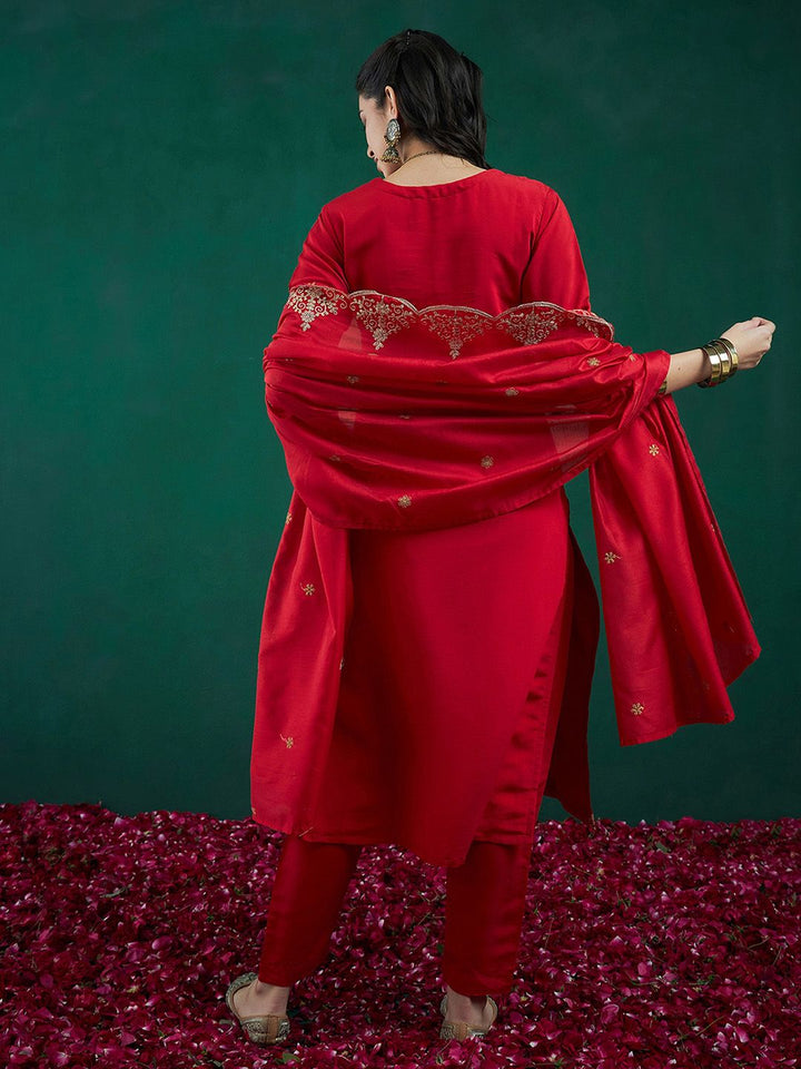 Indo Era Red Ethnic Motifs Embroidered Regular Kurta with Trousers & Dupatta