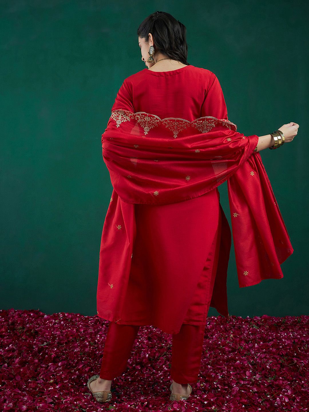 Indo Era Red Ethnic Motifs Embroidered Regular Kurta with Trousers & Dupatta