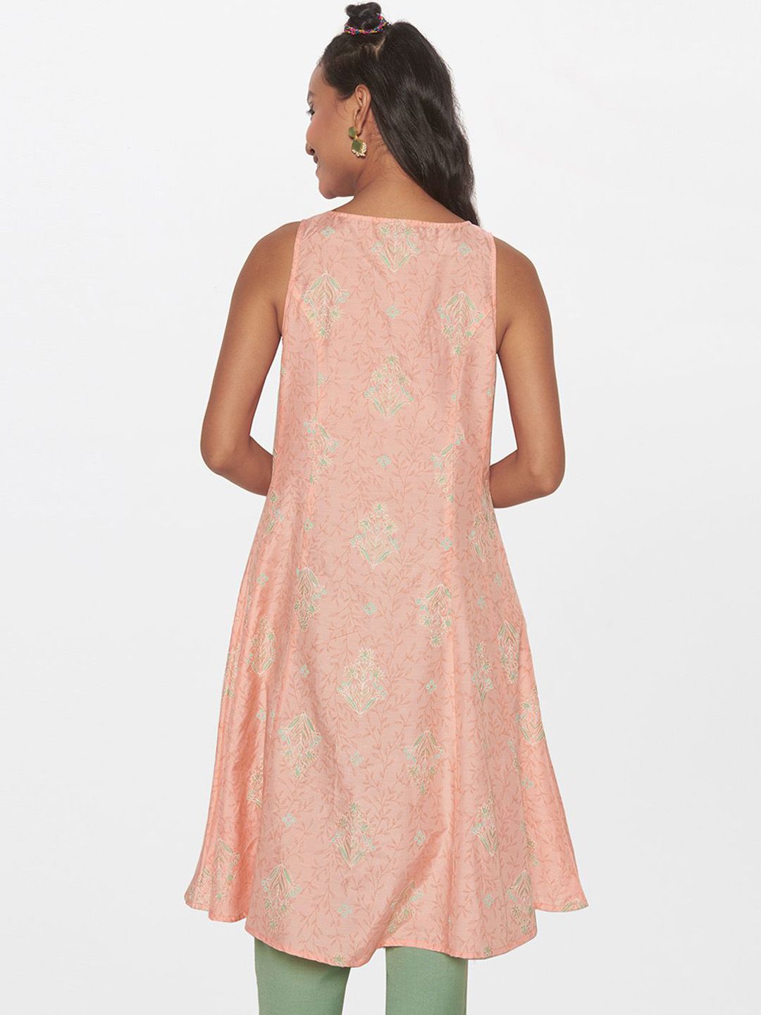 Global Desi Geometric Embroidered Sleeveless Boat Neck A-Line Kurta