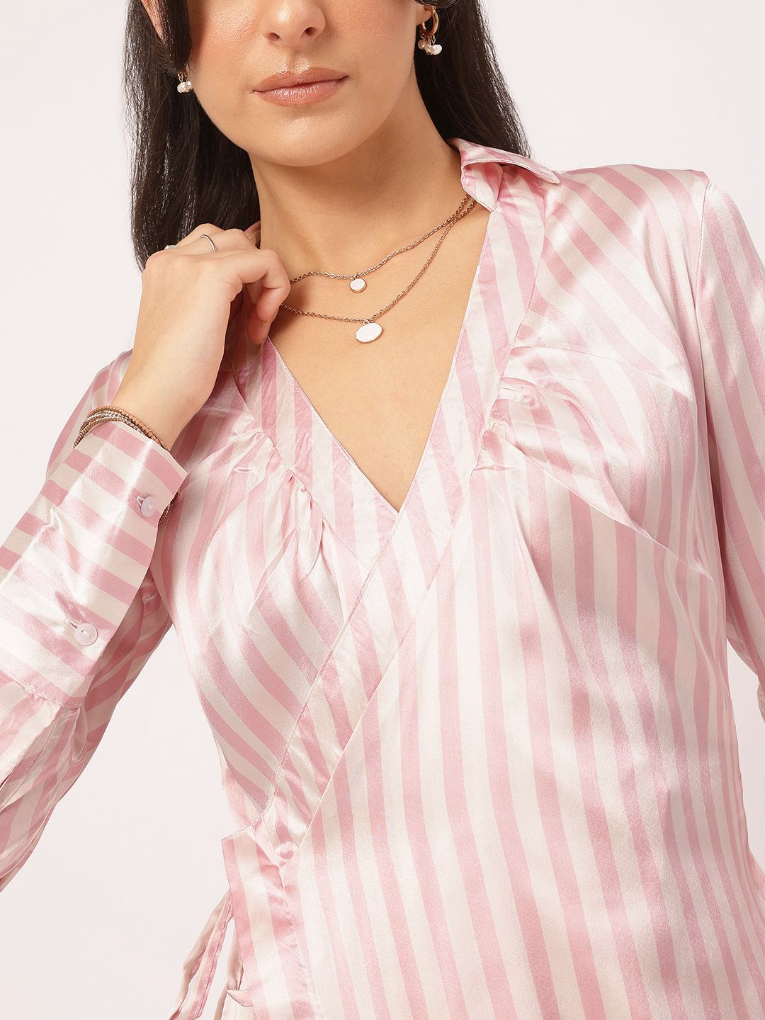 DressBerry Satin Glow-Up Striped Wrap Mini Dress
