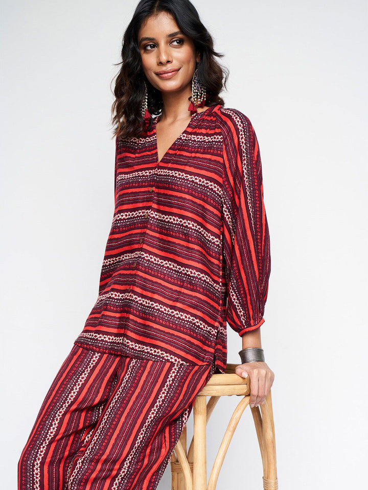 Global Desi Striped Mandarin Collar Tunic With Trouser